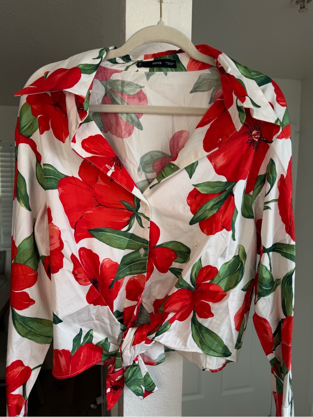 Mango White Button-Down Shirt with Red Floral Print